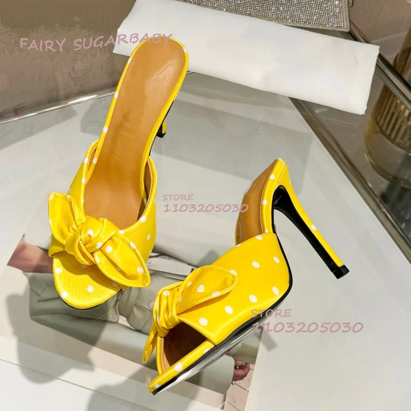 Red Silk White Spots Open Heels Women Summer Yellow Satin Peep Slippers Stilettos Slingback Bow White Casual Girls Beach Shoes