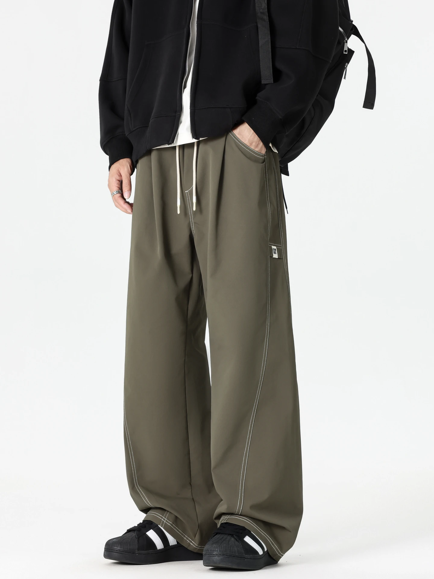 

Trendy Retro Dstring Elastic Sports Pants Men's Spring Loose Versatile Wide Leg Casual Long Trousers Casual Straight Leg