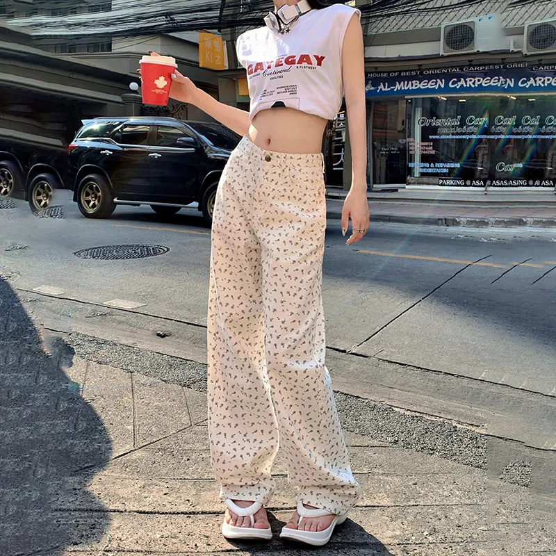 

2024 New Spring Women Jeans Retro High Waist Small Fragmented Flower Loose Wide Leg Pants Straight Leg Y2k Jeans