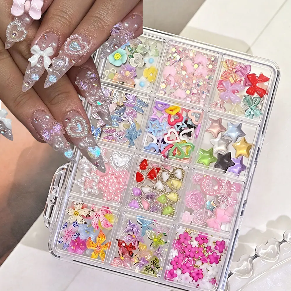 12Grid Ice Transparent Lily Flower/Butterfly Nail Rhinestones Kawaii Pearl Star Bow Ribbon Nail Decorations Cute Nail Charms 6R
