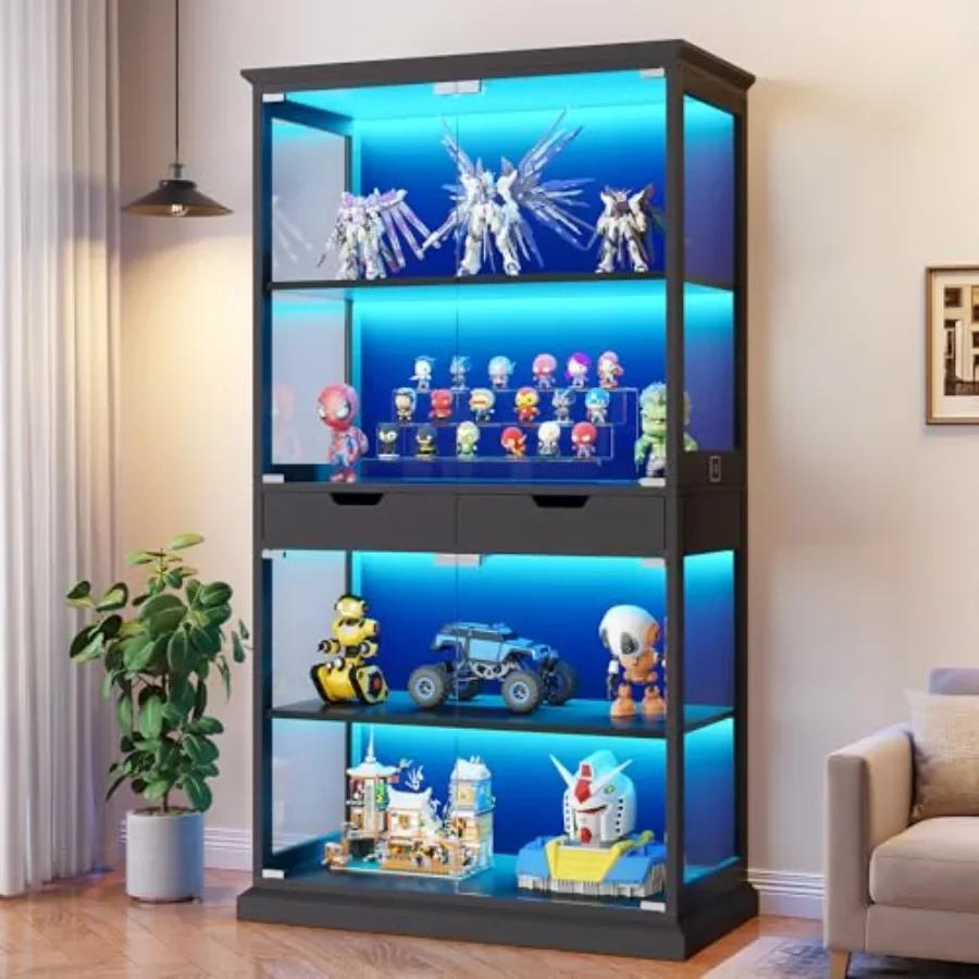 Armário de Exposição com Portas de Vidro para Sala de Estar/Sala de Jogos, Vidro Temperado e Madeira, Preto, Armário de Curiosidades de 4 Níveis com 2 Gavetas, Human B