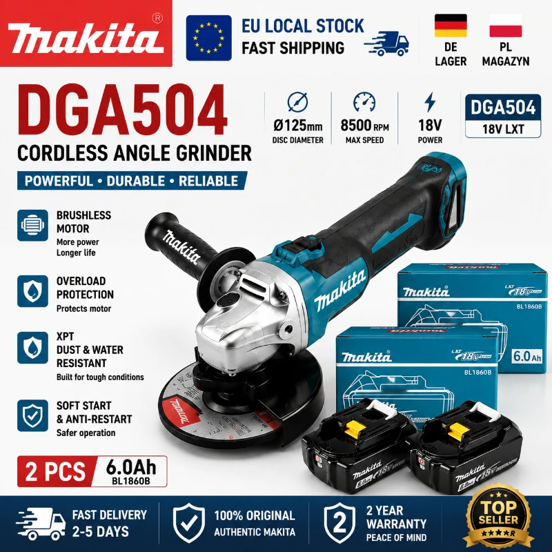 Original Makita DGA504 18V 125mm Bürstenloser Akku-Winkelschleifer (ohne Akku) LXT Elektrowerkzeug EU Lagerbestand Schneller Versand Kompatibel mit 6.0Ah BL1830 BL1840 BL1850 BL1860B 18V