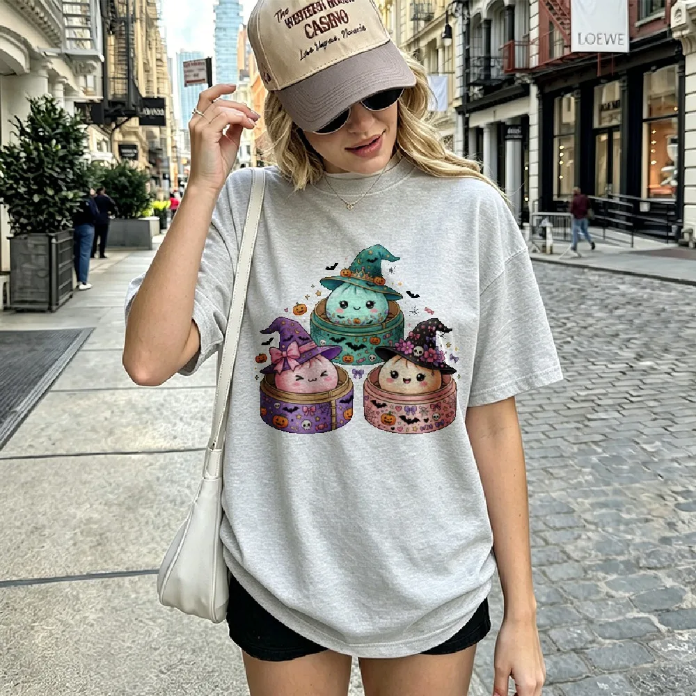 Halloween Witch Dumpling Bao Buns Graphic T Shirt Cute Kawaii Steamed Bun Witch Hat Bamboo Basket Pumpkin Bat Skull Fall Spooky