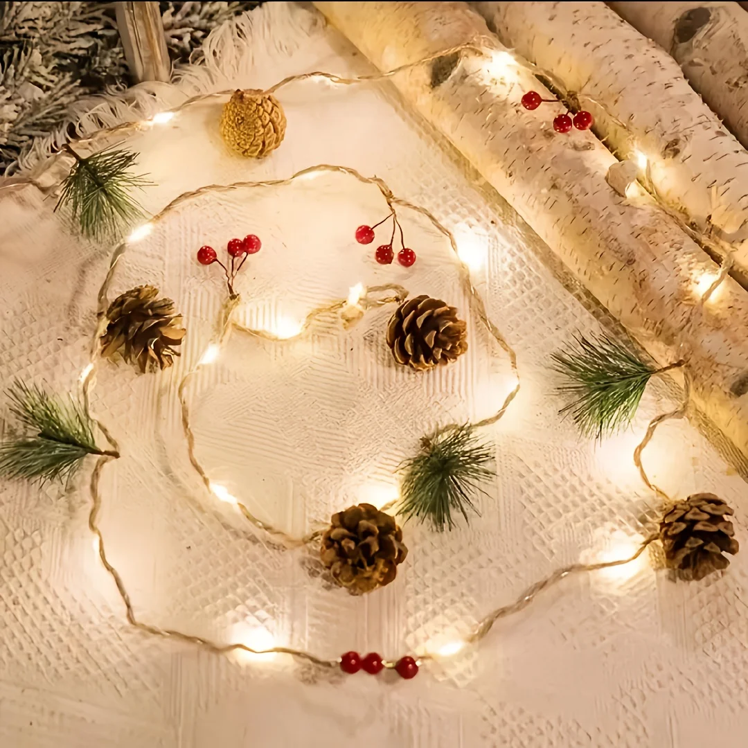 Rattan LED Light String 2M 20 LED Christmas Pine Cone Bell Pine Needle Red Fruit Room Decorative LED Garland Light Fairy Lights