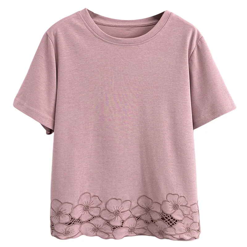 

2025 Summer Top New Fashion Hem Lace Flower Patchwork Short Sleeve Tees 100KG Plus Size Women T-shirt 727