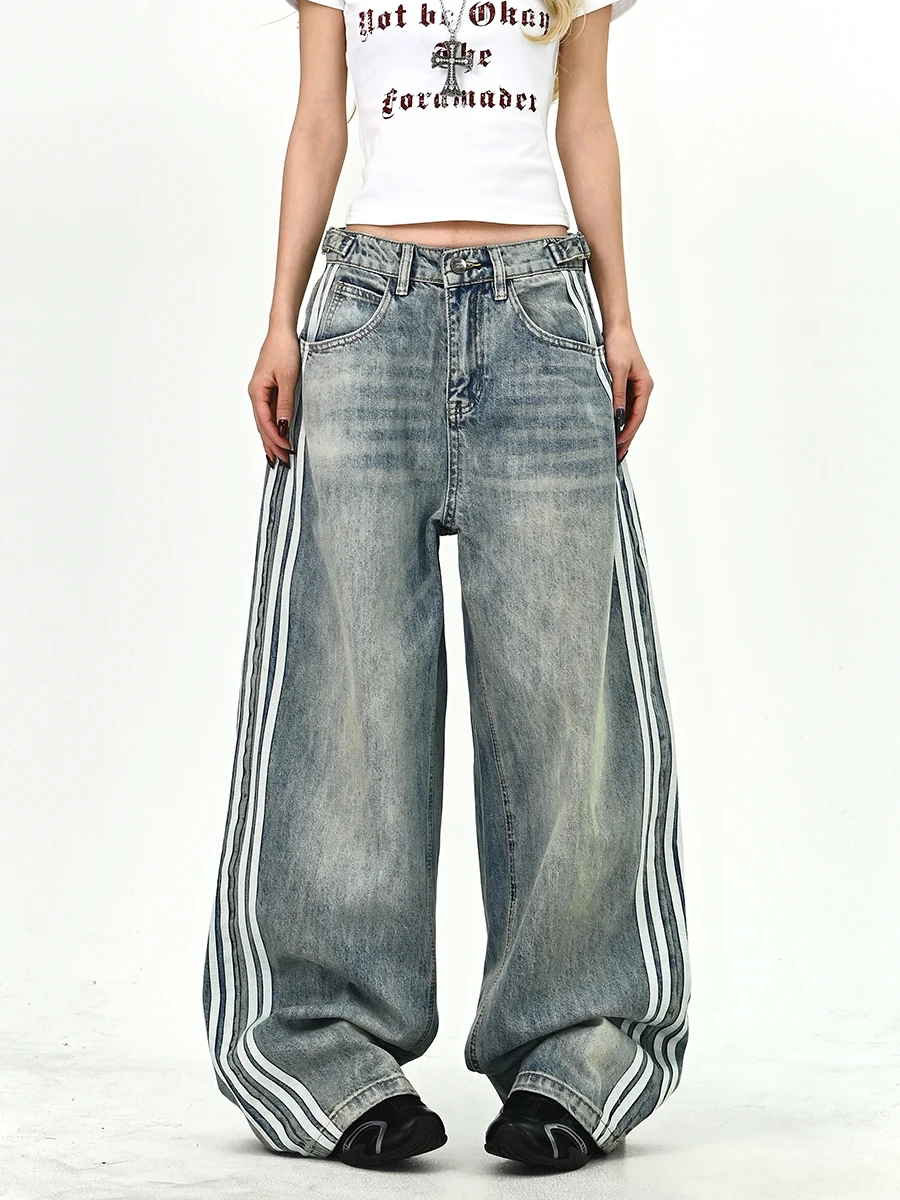 

Washed Denim Jeans Women's Loose Straight Leg BF Style Spring 2026 New Arrival Three Bars Wide Leg Trendy American Brand