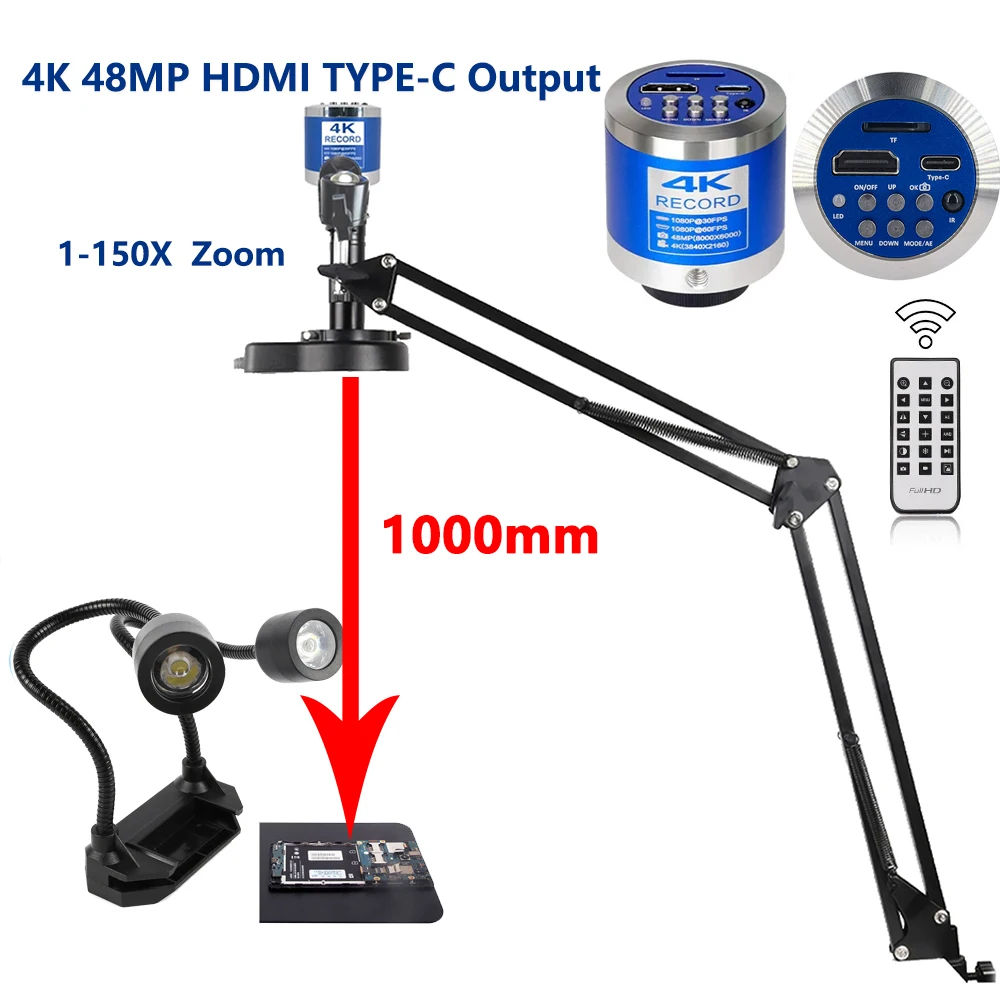 1080P 4K 48MP FULL HD Industrial Microscope 1-150X C-Mount Digital Camera Via Type Measurement For PCB Soldering Phone Repair