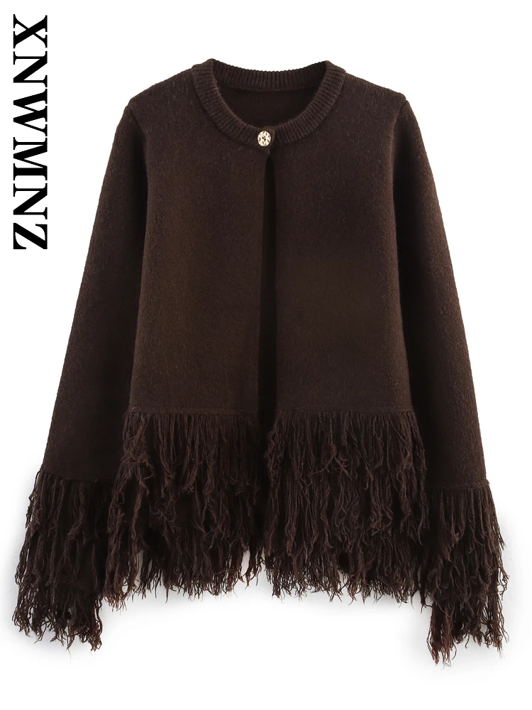 

XNWMNZ 2025 Autumn Woman's Commuting Chic Long Sleeve Knitted Long Sleeve Top Simple Casual Woman BROWN O-Collar Fashion Blouses