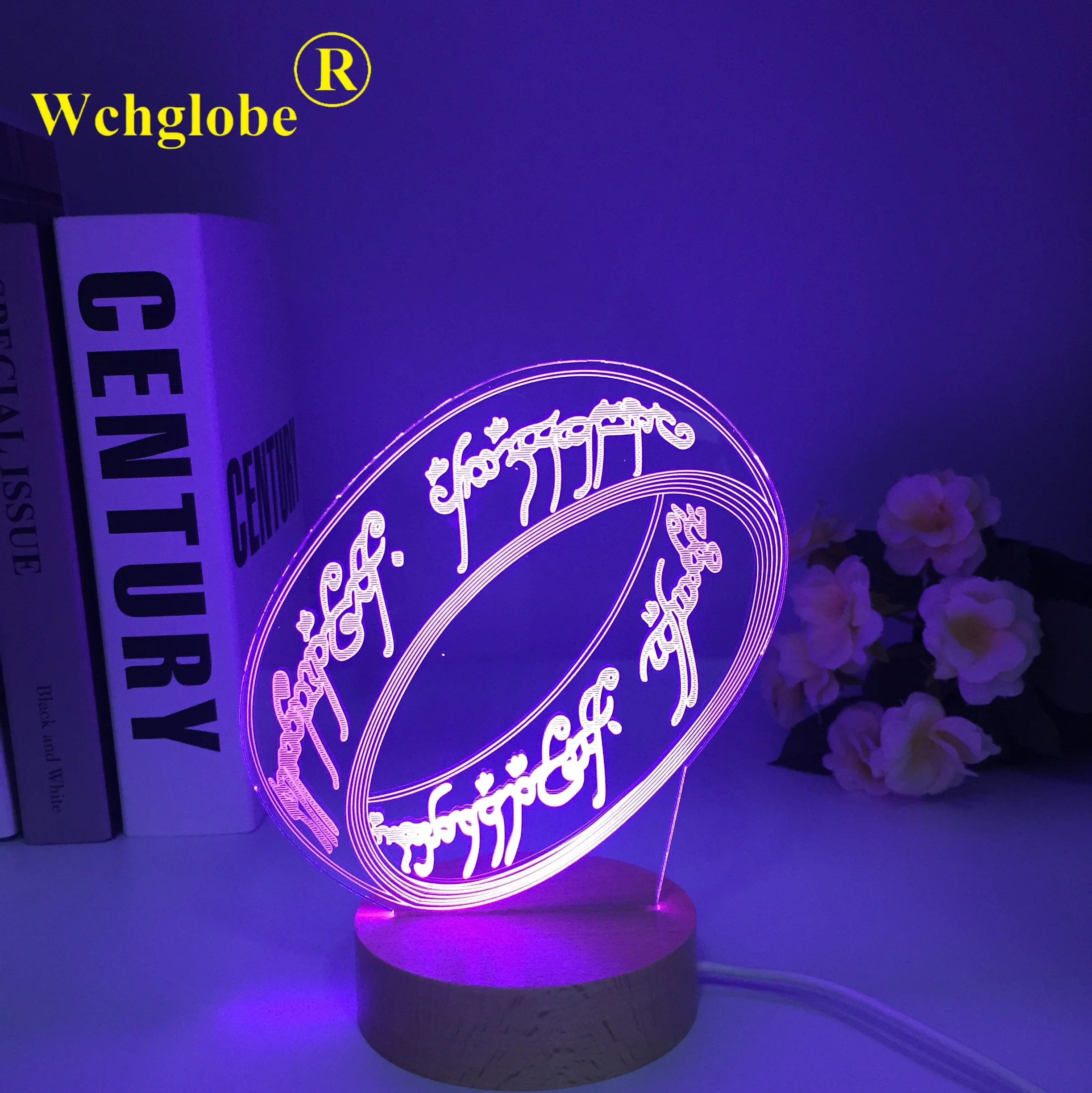 The Rings 3D Wooden Ring Shape Acrylic LED Night Light Touch 7 Colors Changing Table Lamp Decorative Light Wood Decor Gift