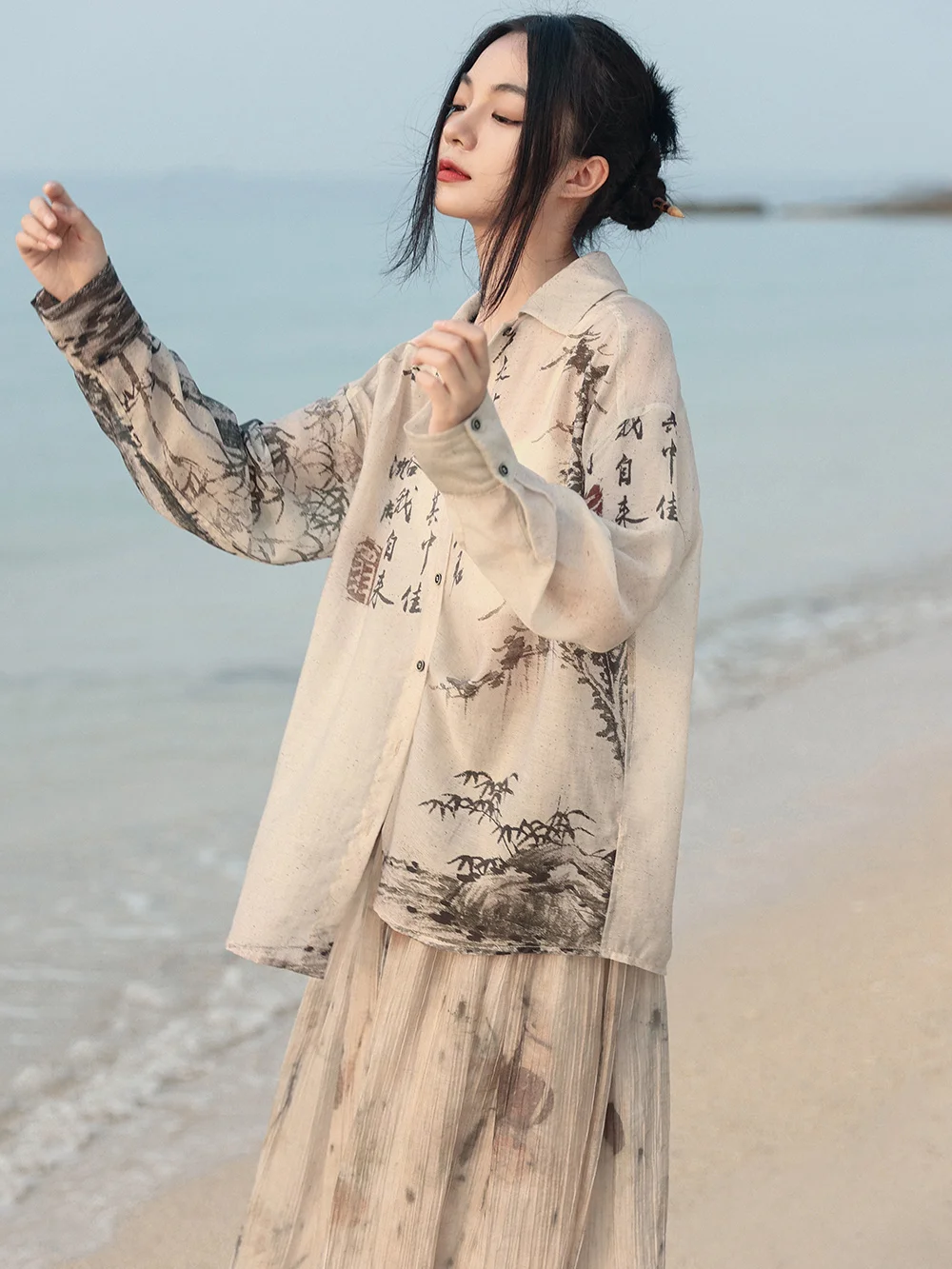 UMI MAO Retro Printed Shirt Women's Summer New Chinese Style Loose Breathable Sun Protection Top Femme New Y2K