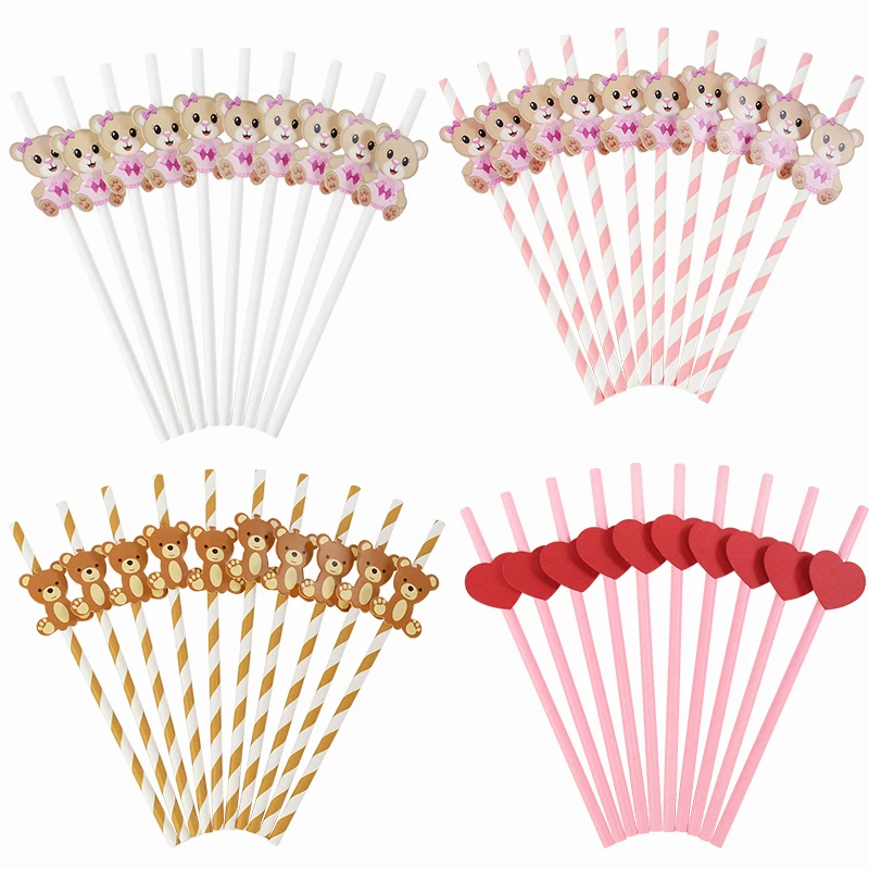 10-20pcs Cartoon Bear Straws Disposable Drinking Paper Straw Baby Shower Supplie Kids 1st Boy Girl Birthday Party DIY Decoration