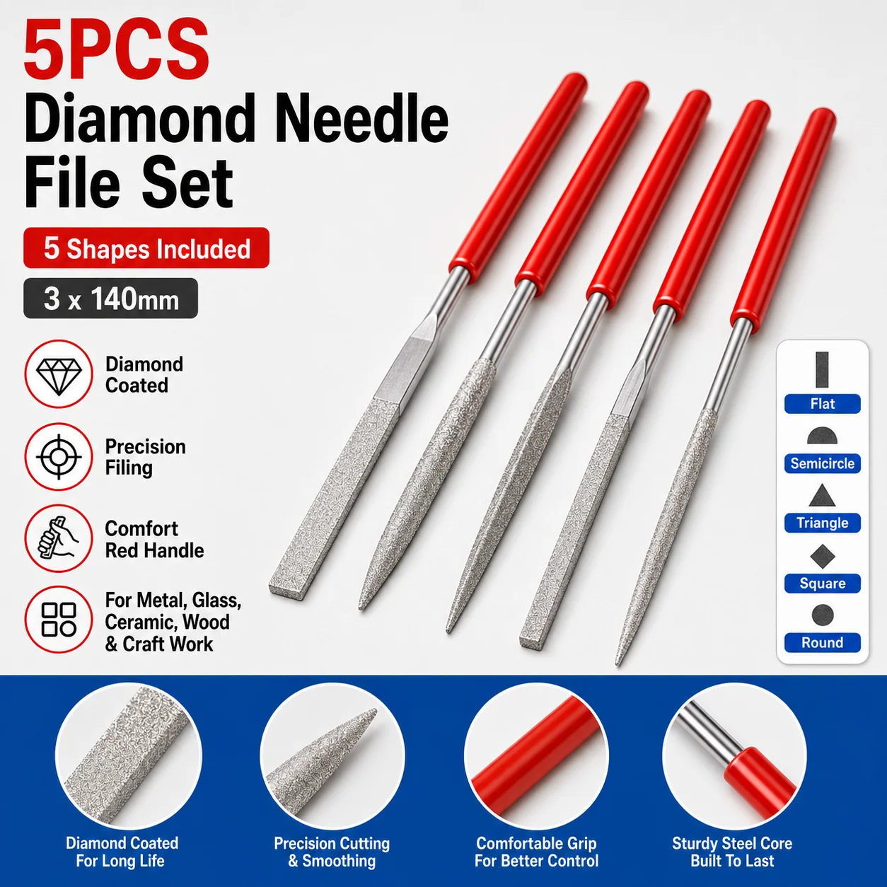 5PCS Diamond Needle File Set Red Handle Precision Metal Glass Ceramic Wood Carving Craft Tools
