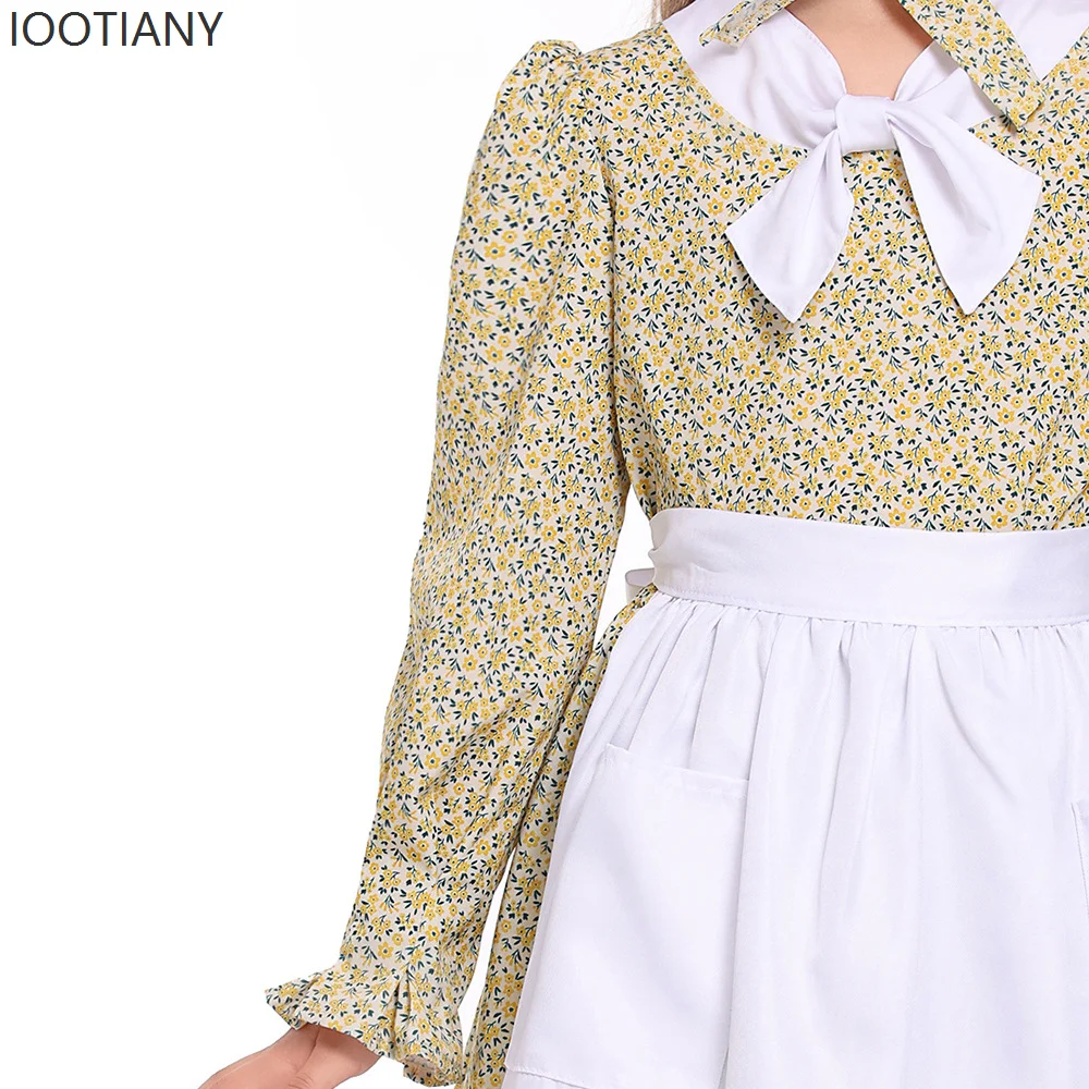 Nowy żółty kwiatowy kostium dla dziewczynek wiktoriański średniowieczny styl duszpasterski sukienka Halloween karnawałowe przyjęcie odgrywanie ról kostium fartuch zestaw