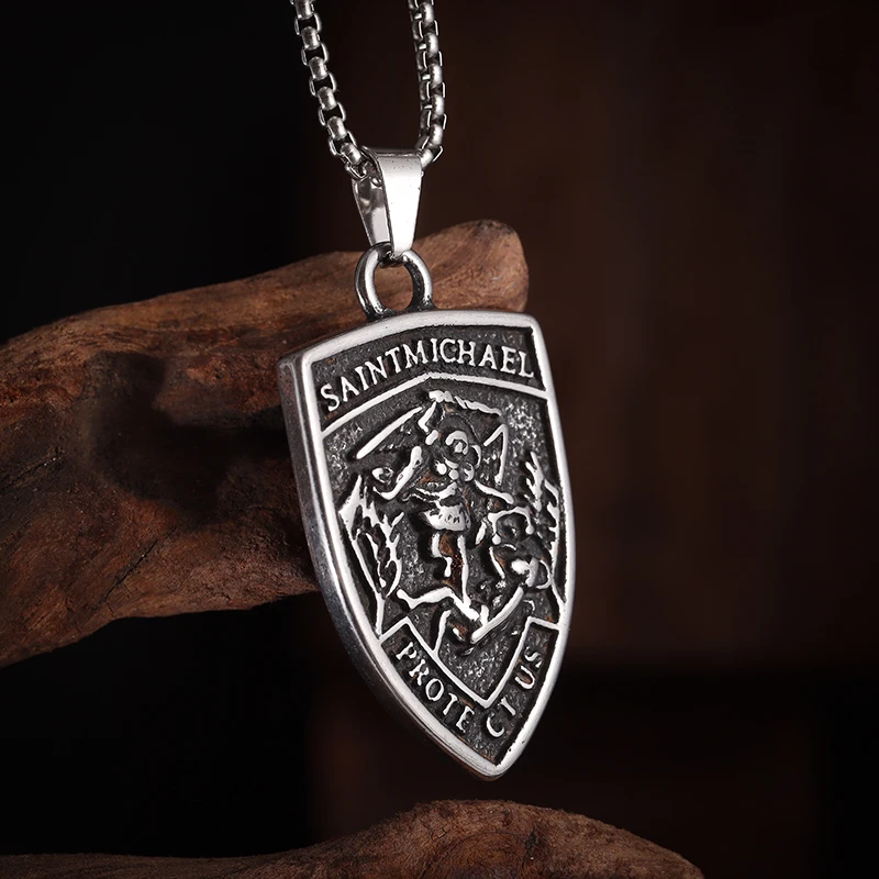 Saint Michael Archangel Pendant Stainless Steel Michael Angel Shield Necklace Men's Fashion Vintage Embossed Patronus Jewelry