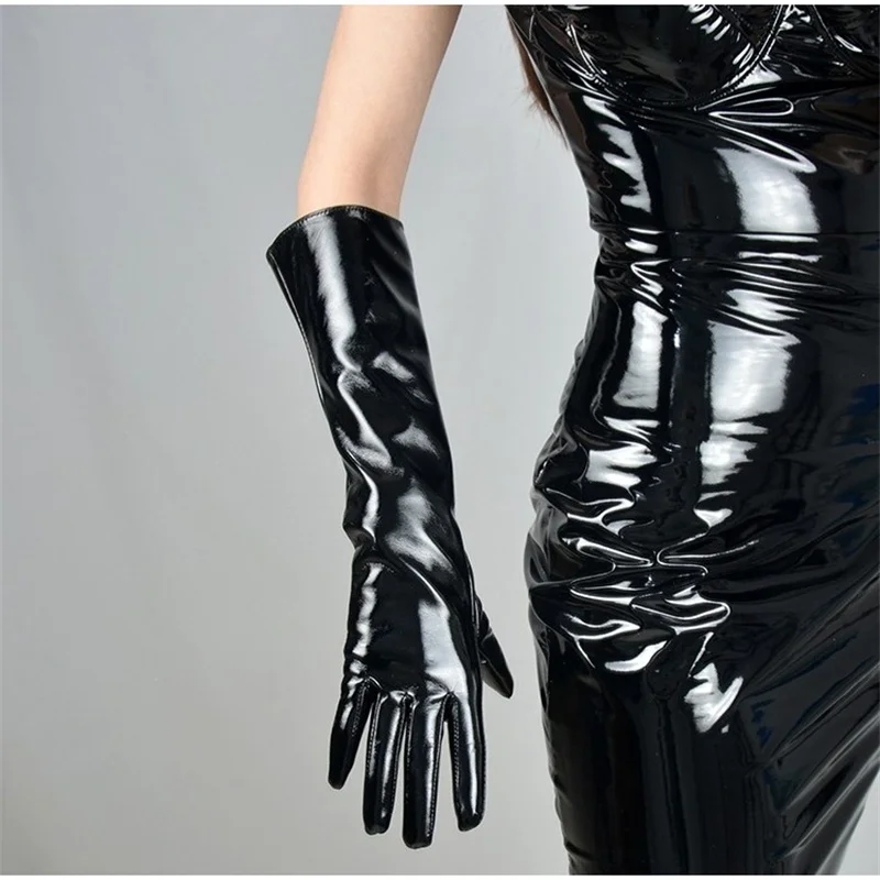 70cm Patent Leather Gloves Female Shiny Black Faux Real Leather PU Performance Photo Shoot Cosplay Women Gloves PU70-1