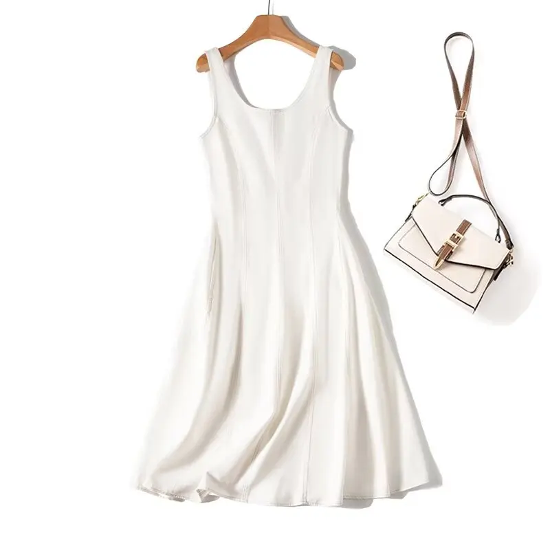 

Jenny&dave 2026 Minimalist Fashion Elegant White Sleeveless French Office Ladies Elegant Splicing Slim Dress Party Dresses Women