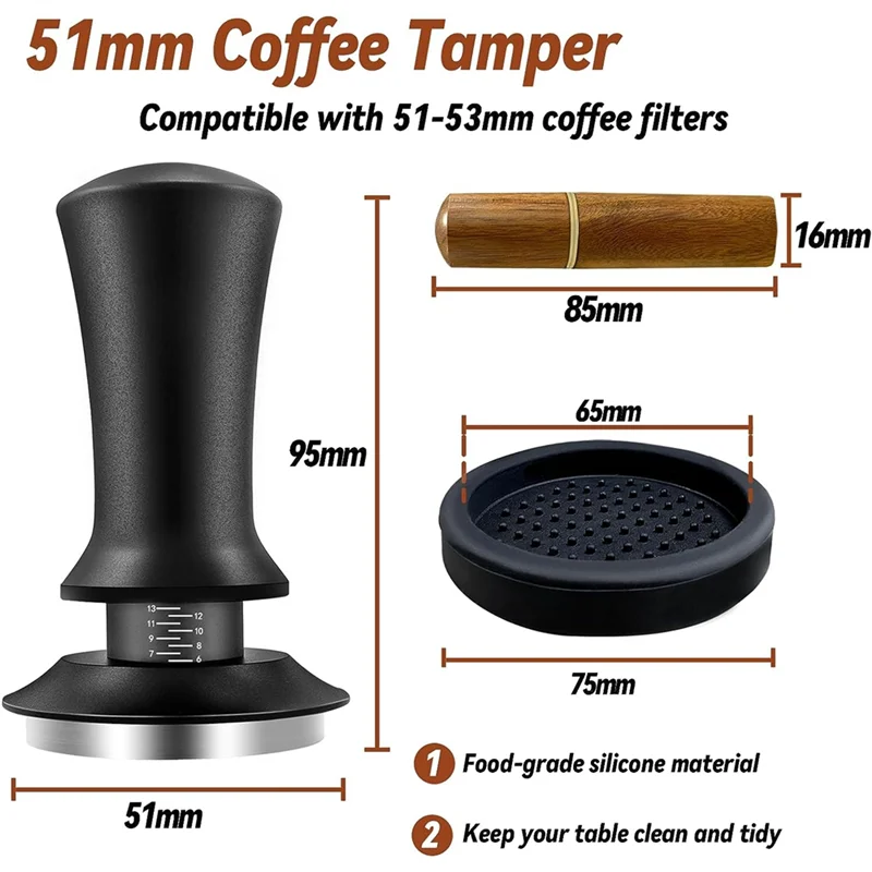 กาแฟเอสเปรสโซ Tamper 51 มม.พร้อมเครื่องมือ WDT ปรับเทียบสปริงโหลดพร้อมแผ่นซิลิโคนสําหรับเครื่องชงกาแฟเอสเปรสโซ