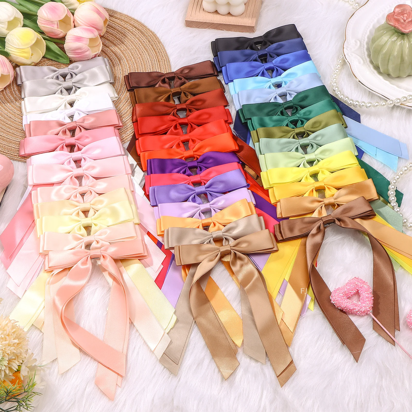

[YU]40Pcs Satin Hair Bows Bulk Hair Bows For Women Large H-air Ribbons Silky Satin Oversized H-air B-ows Long Tail For Women Ove