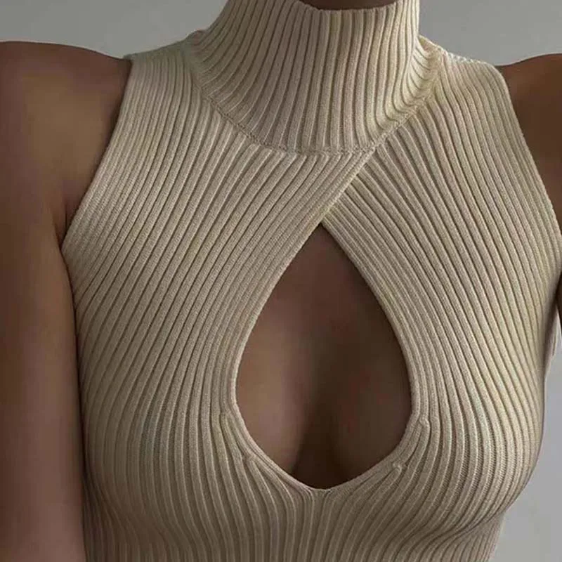 

Boring Honey New Autumn Crop Tops Jumper Turtleneck Sleeveless Vest Sweater Women Sexy Hollow Out Sleeveless Knitted Pullover