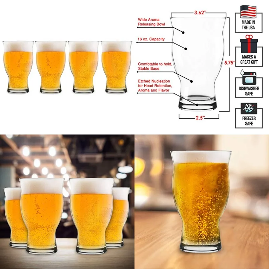 

USA Made Nucleated Tulip Pint Glasses for Better Head Retention, Aroma and Flavor- 16 oz Ultimate Pint Glass for Beer Drinking-