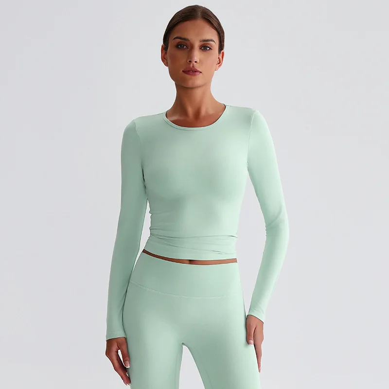 Solid Color tight soft round neck Long Fitness Long Sleeve Yoga Shirt T -Shirt Cropped Top Quick Drying Loose Breathable Blouse