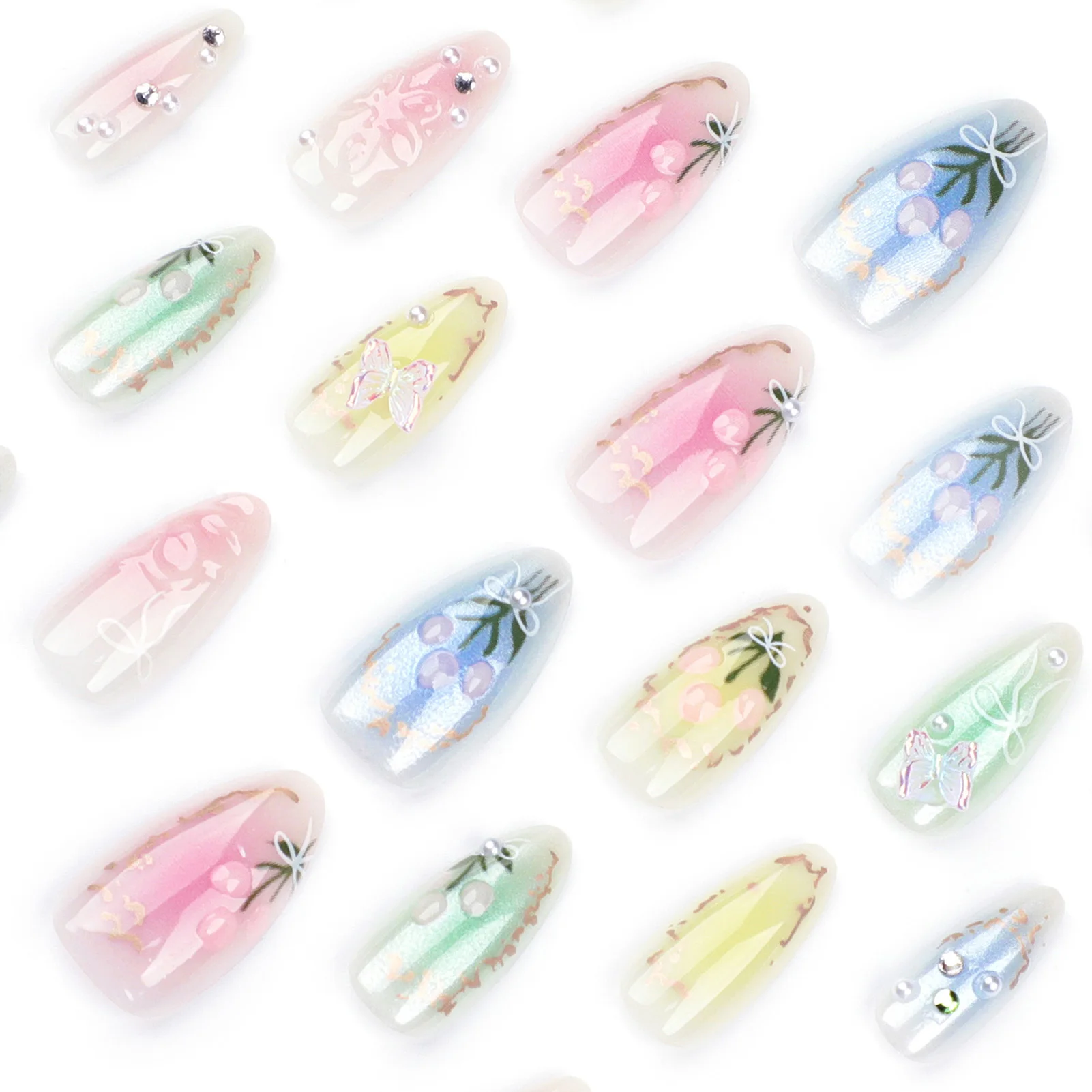 Colorful Smudging Fake Nails with Flower Decor Natural Unbreakable Nail Simple Wear for Girlfriend Wife Women and Girl