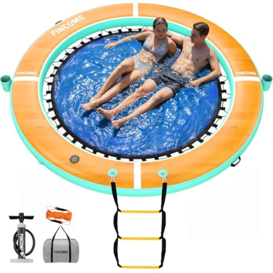 Lake and beach inflatable water hammock floating dock: PVC, blue, extra-stable 10FT round platform with integrated ladder and c