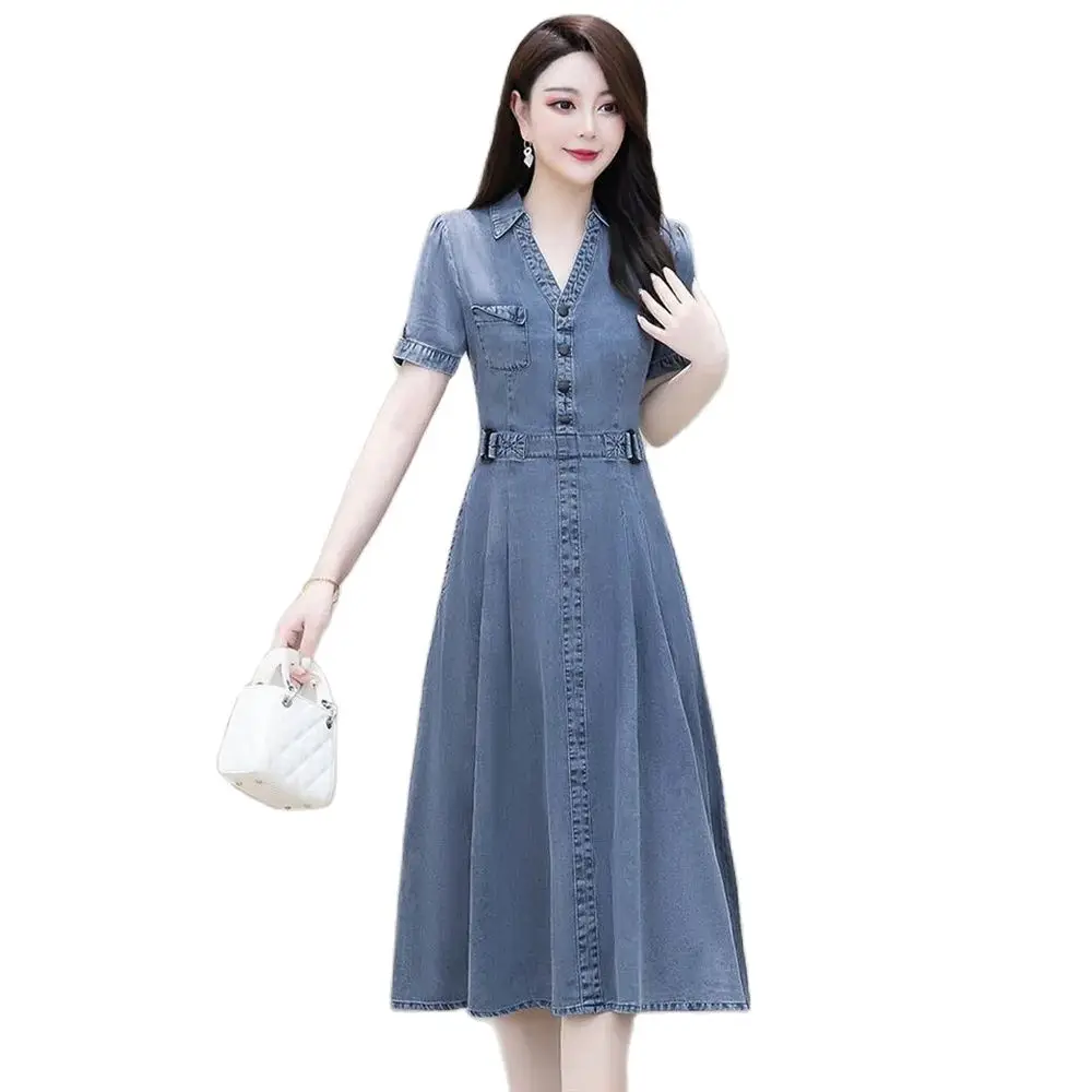 

Denim Short-sleeved Dress Female 2024 Summer New V-neck Fashion Temperament Leisure Slim Long Elegant Fairy Skirt Tide.