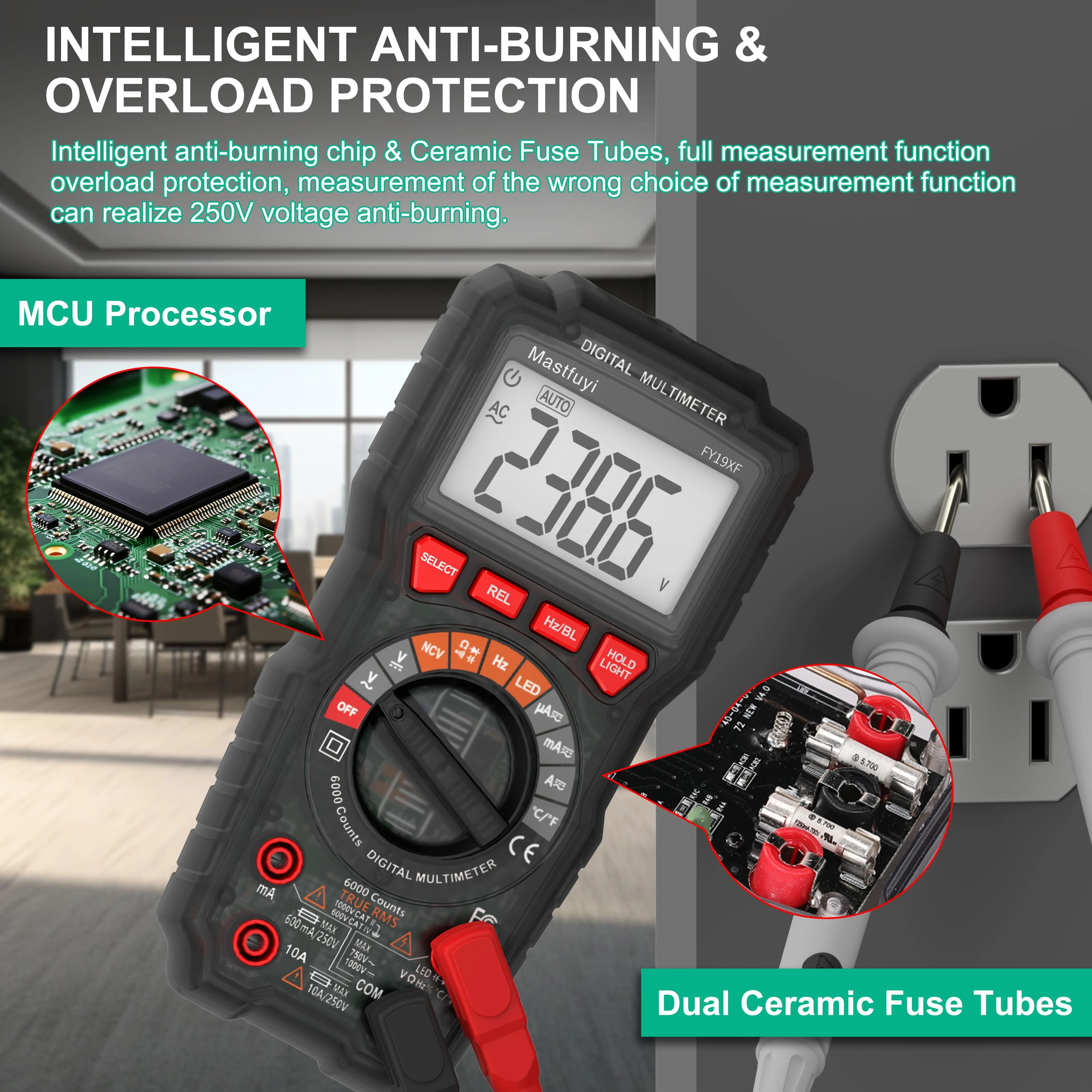 MASTFUYI True RMS Digital Multimeter with 60000µF Capacitance NCV Anti-Burn Protection Volt Ohm Amp Electrical Maintenance Teste