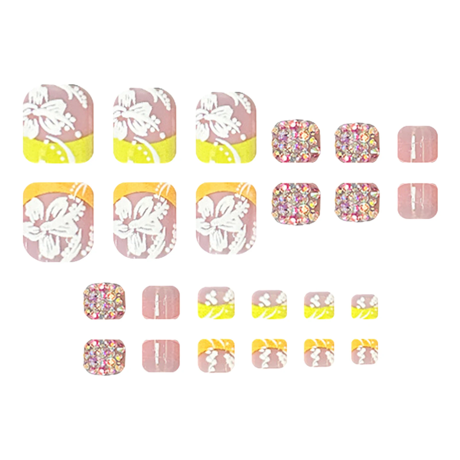 24 stuks zomer nep teennagels gele Franse tips druk op teennagels glanzende diamant decor bloem gedrukt draagbare valse nagel voor voet