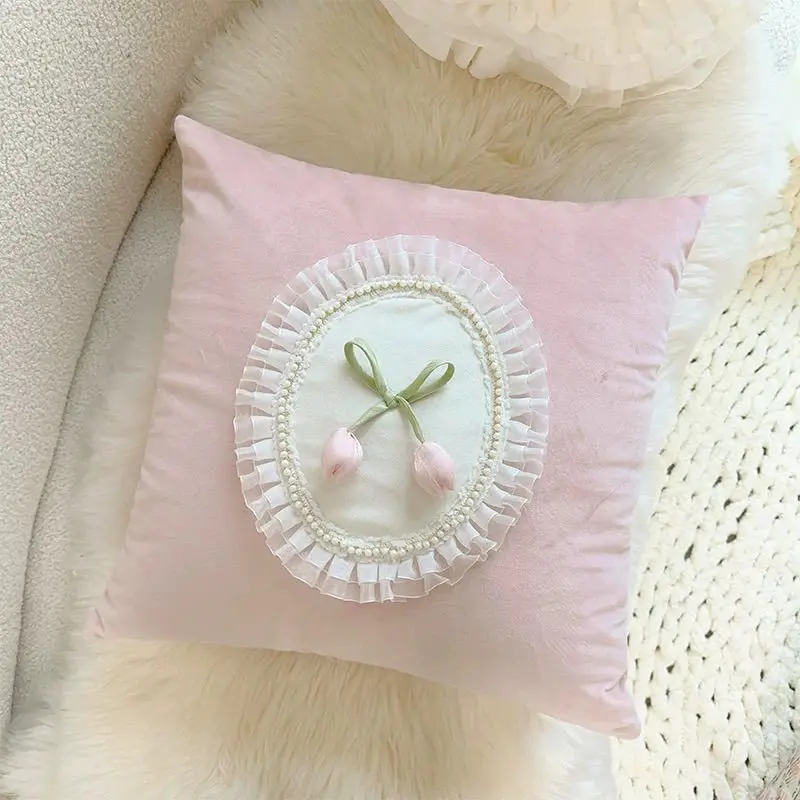 Nordic Cute Pillow Cover Pink Handmade Tulip Home Sofa Car Room Office School Nap Cushions Sleep Back Cushion Cover High-quality