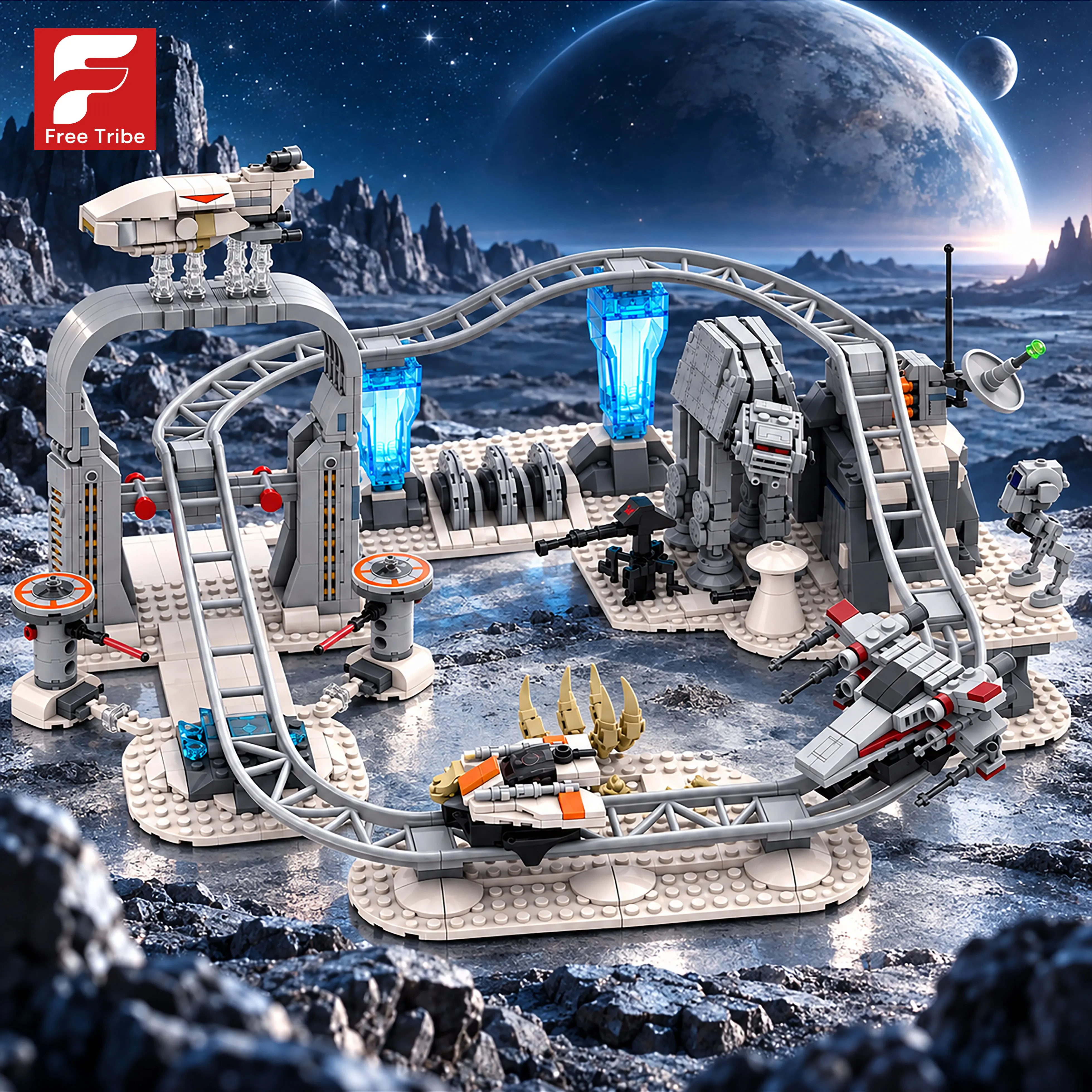 1386PCS Space Base Roller Coaster Building Blocks Set Sci Fi Movie Battle Scene Model Bricks Desktop Ornaments Puzzle Toys Gifts