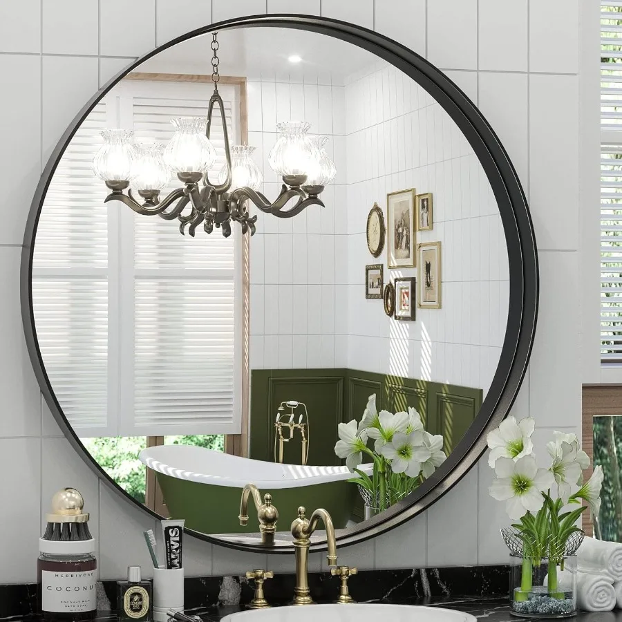 

30"x30" Round Bathroom Mirror Deep Frame Wall Mounted Black