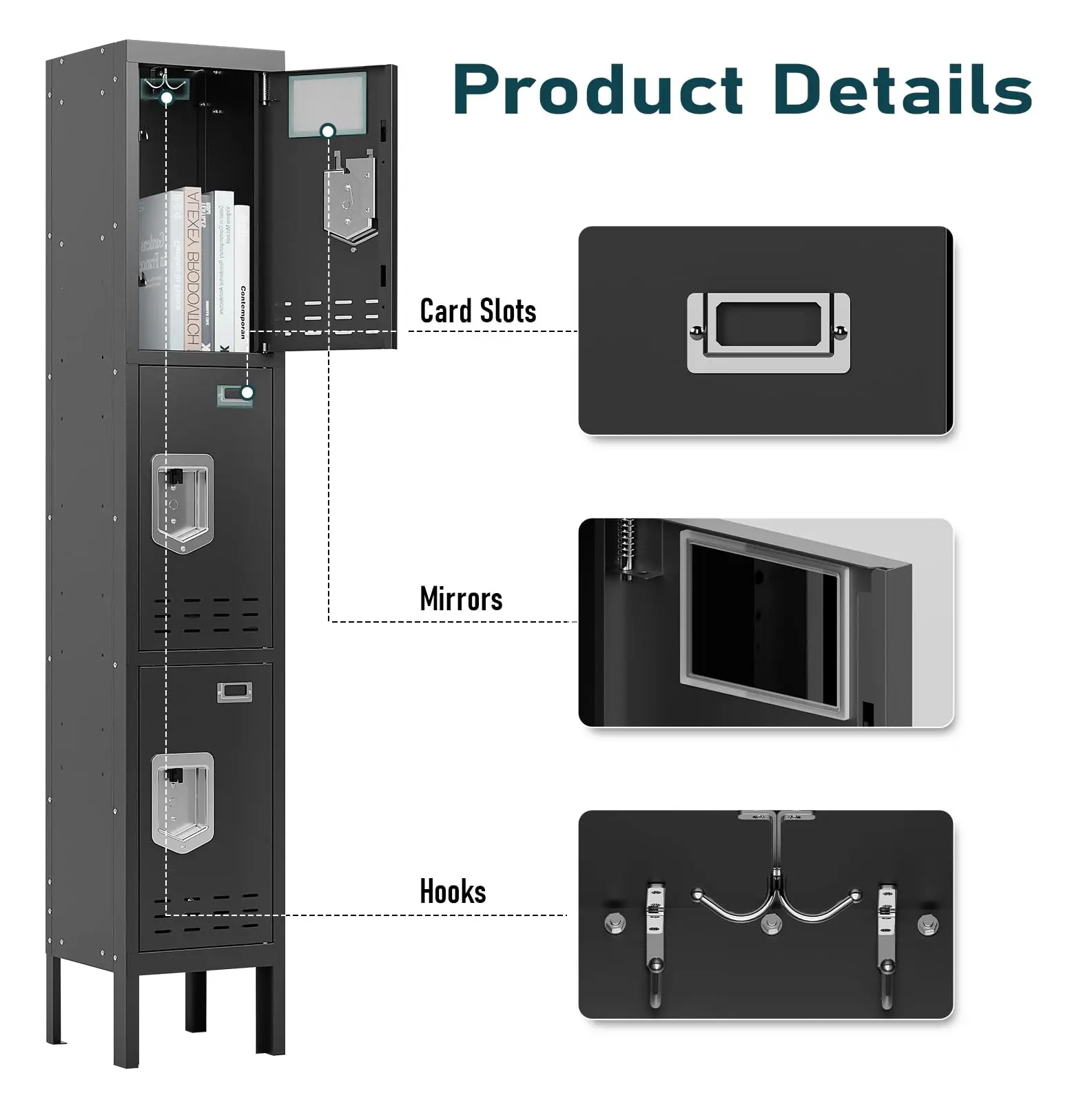 Metal Locker with 3 Doors Employees Locker, Metal Storage Locker with Hooks, 66" Storage Cabinet Lockers for Employees, Home, Of
