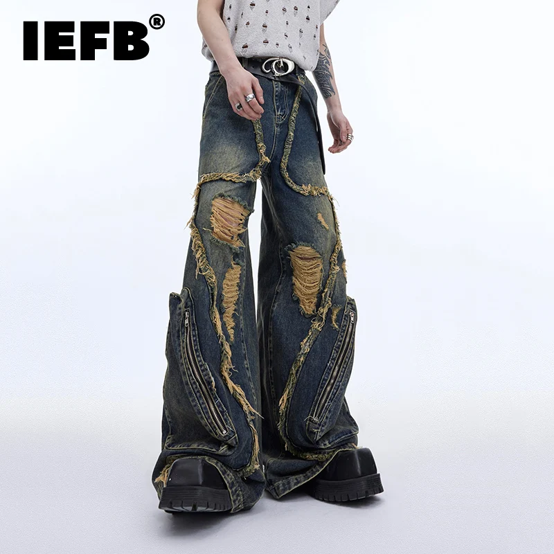 IEFB Men's Wear High Street Male Jeans Tassels Hole Design Vintage Worn-out Big Pocket Overalls Autumn Male Trousers 9C6767