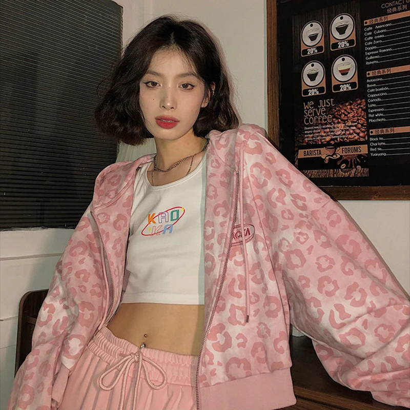 Preppy Style Pink Sweatshirts Leopard Print Y2K Harajuku Oversized Hoodies Women Vintage Casual Zipper Cropped Jacket Tops Cute