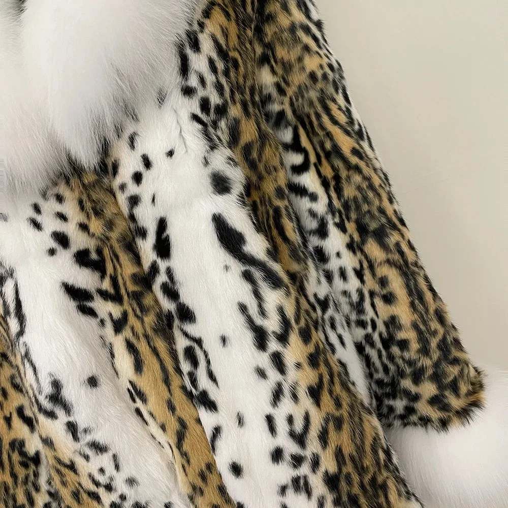 Natural Rabbit Fur Coat Leopard Print Fox Fur Collar 2024 Autumn Winter Long Fashionable Thickened Warm fur Coat One-piece Women