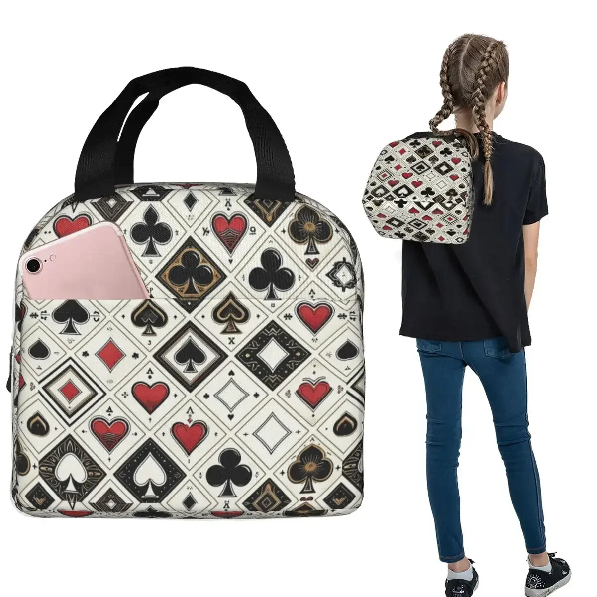 Casino Playing Card Symbols Diamond Heart Spade Clubs Insulated Lunch Bag for Women Kids Food Boxes Thermal Lunch Box Tote