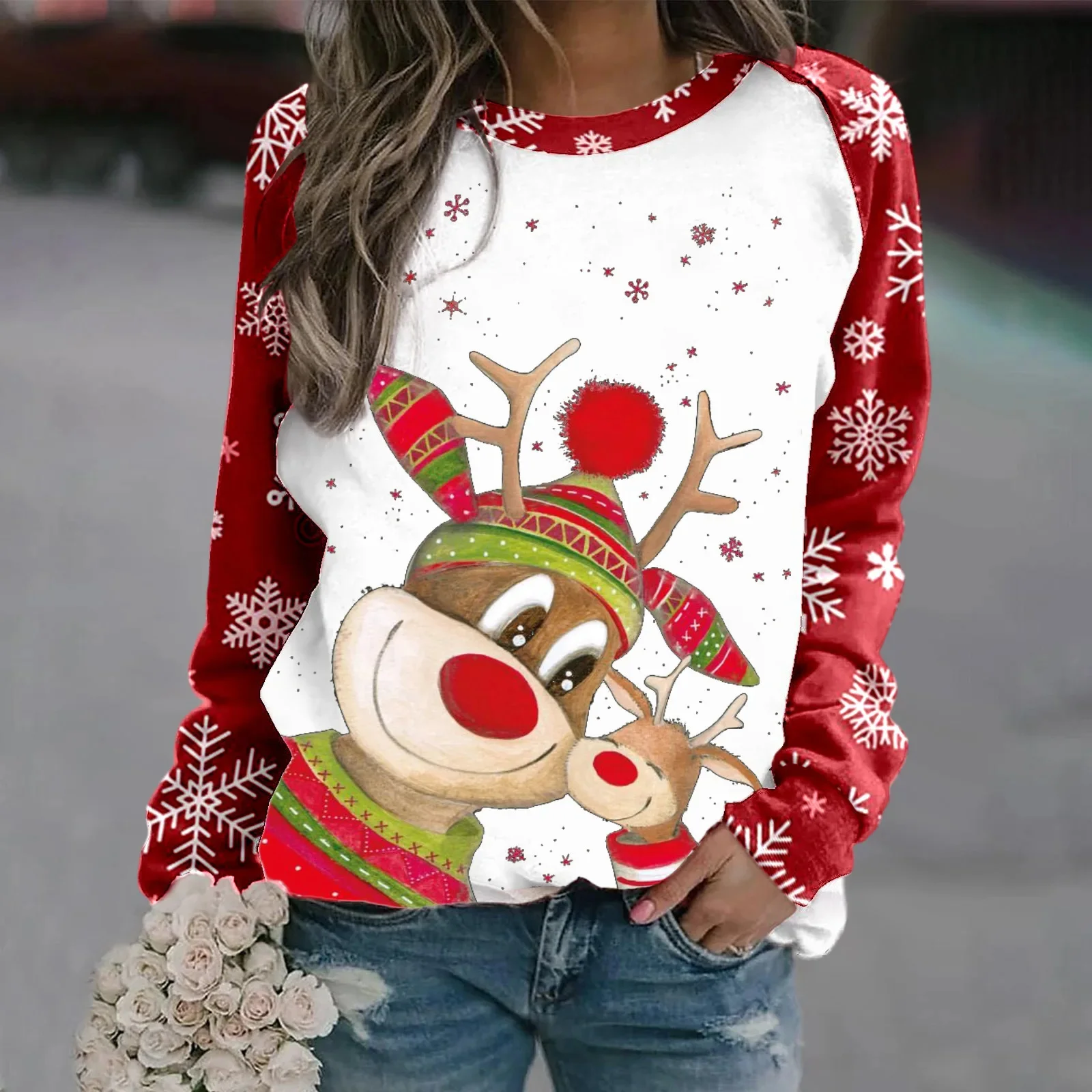 Christmas Reindeer Women's Clothing Autumn/Winter Round Neck Cotton Long Sleeved Casual Plus Size Tops Christmas Party T-Shirt