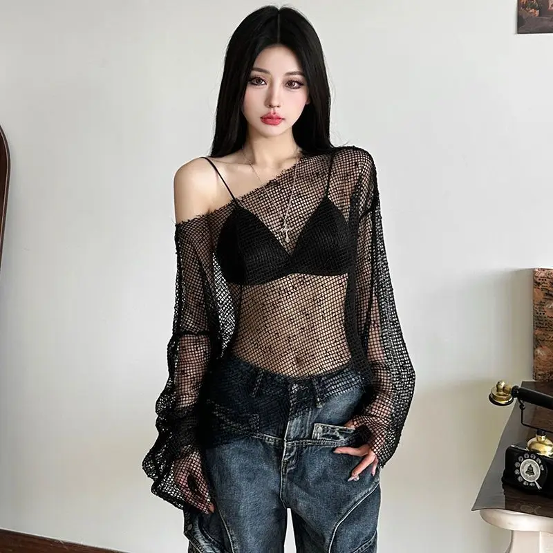 

Tops Women's Summer American Style Retro Sexy Fishnet Cutout Long Sleeve Off-Shoulder Loose Fit T-Shirt Tunic Comfortable Casual