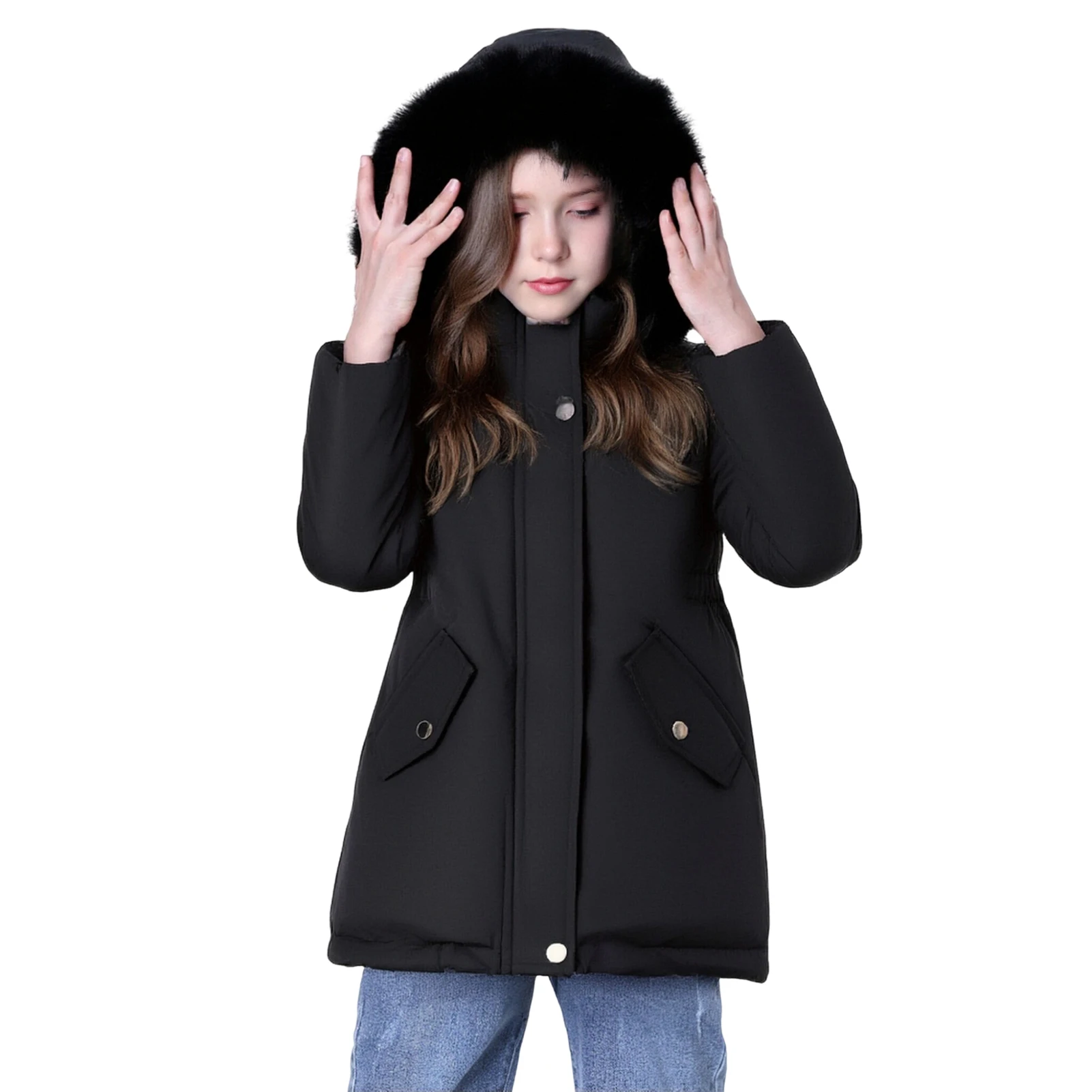Girls' Winter Jacket,Warm Windproof Children's Puffer Coat,Thick Fleece Lined Kids Down Cotton Outerwear Overcoat,Fur Hood Parka