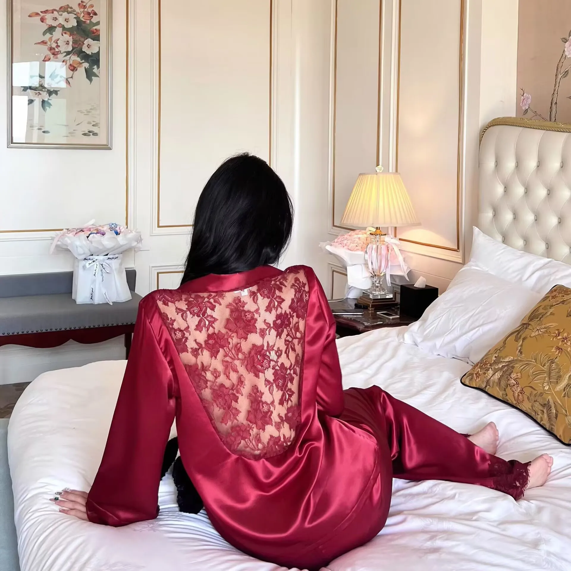 

New Pajamas Women's Spring and Summer Red Three-dimensional Hollow Loungewear