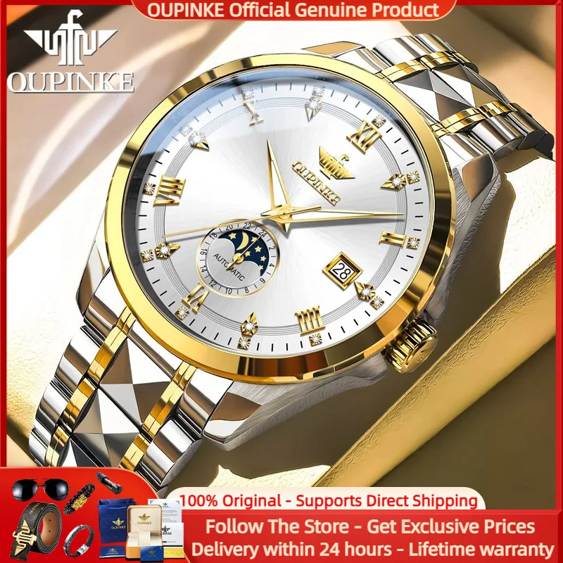 

OUPINKE 3265 Men Watch Luxury Brand All Automatic Mechanical Watch HD Sapphire Mirror Date Moon Phase Business Men Formal Watch
