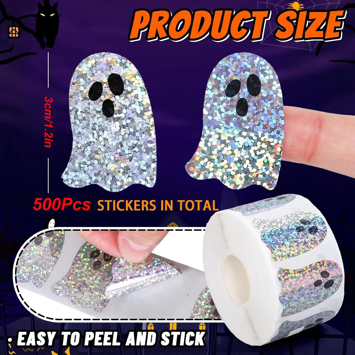 Adesivo impermeabile fai-da-te a forma di fantasma di Halloween Adesivo per atmosfera di festa di Halloween Busta Decor Etichetta adesiva per imballaggio Rotolo di adesivi fantasma glitterato