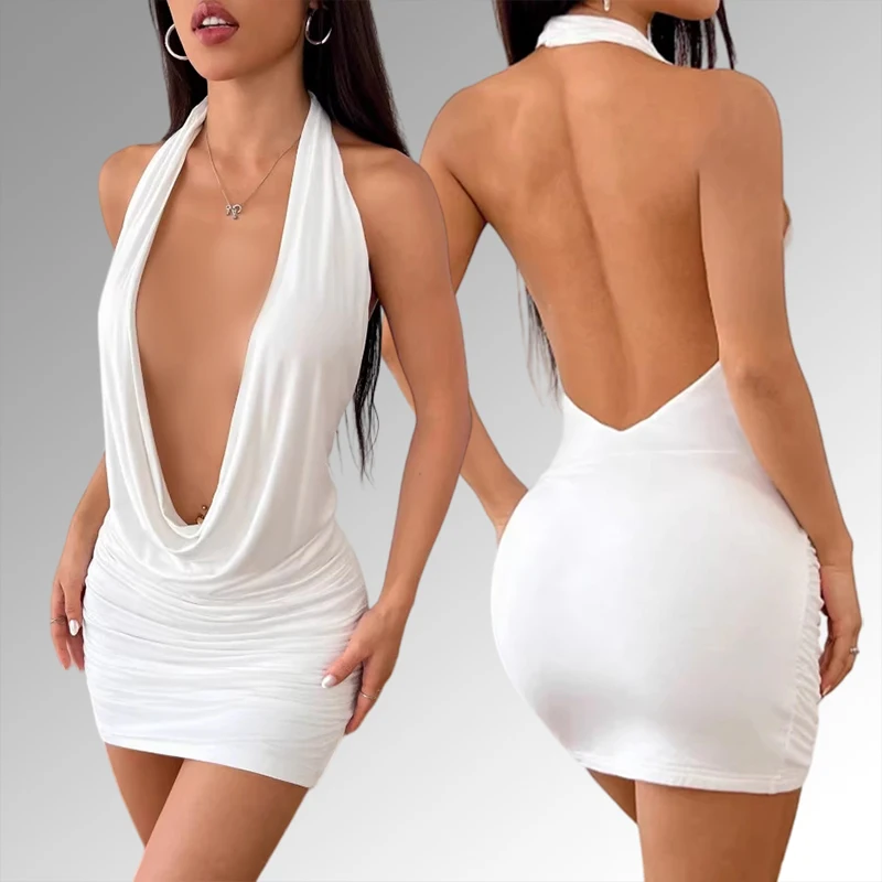 Vestido Mini Sexy de Verão com Decote V Profundo e Saia Justa, Elegante e Moderno, para Festas, com Design de Alça no Pescoço