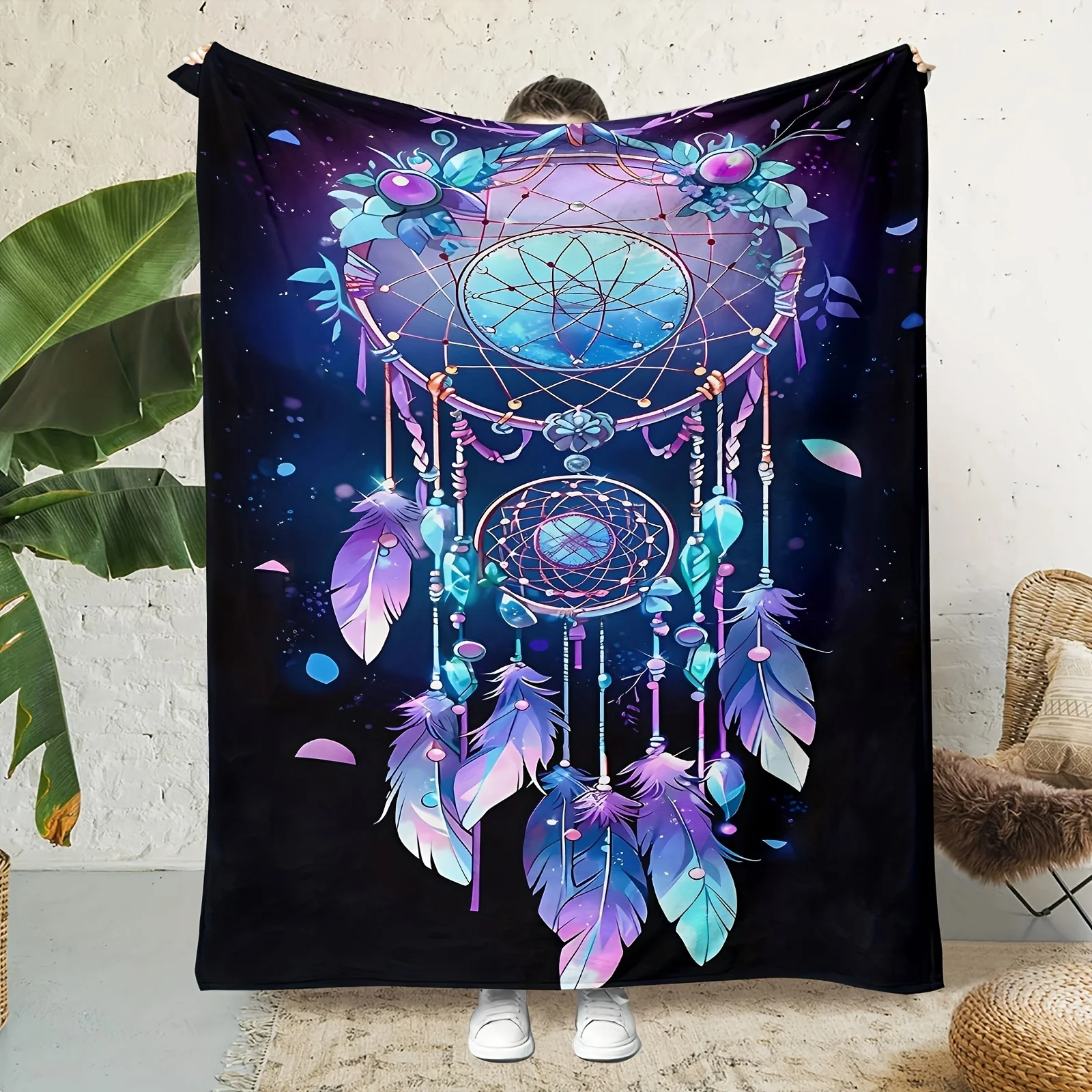 Bohemian Celestial Dreamcatcher Throw Blanket Stars Moon Feathers Boho Tapestry Cozy Lap Cover Decor Gift for Fall Winter Home