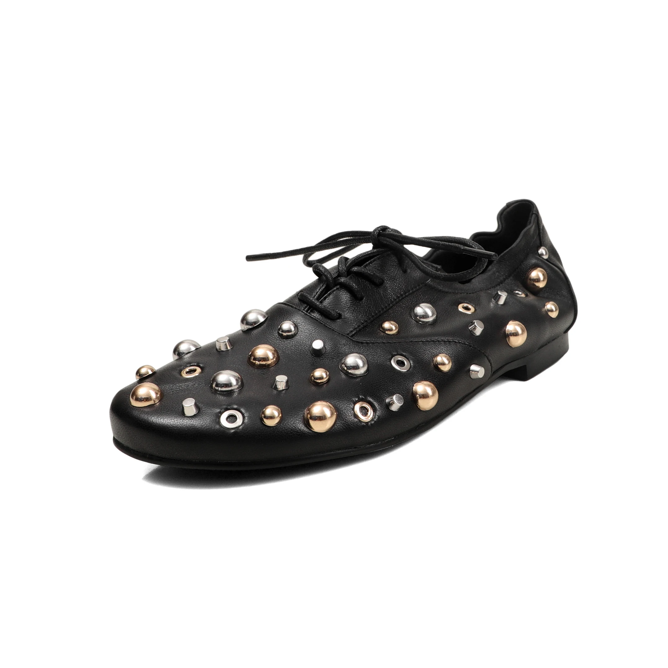 Brogue Shoes Women Genuine Leather Wintip Round Toe Cross-Tied Soft Sole Ladies Derby Shoes Handmade Golden Silver Studs Flats