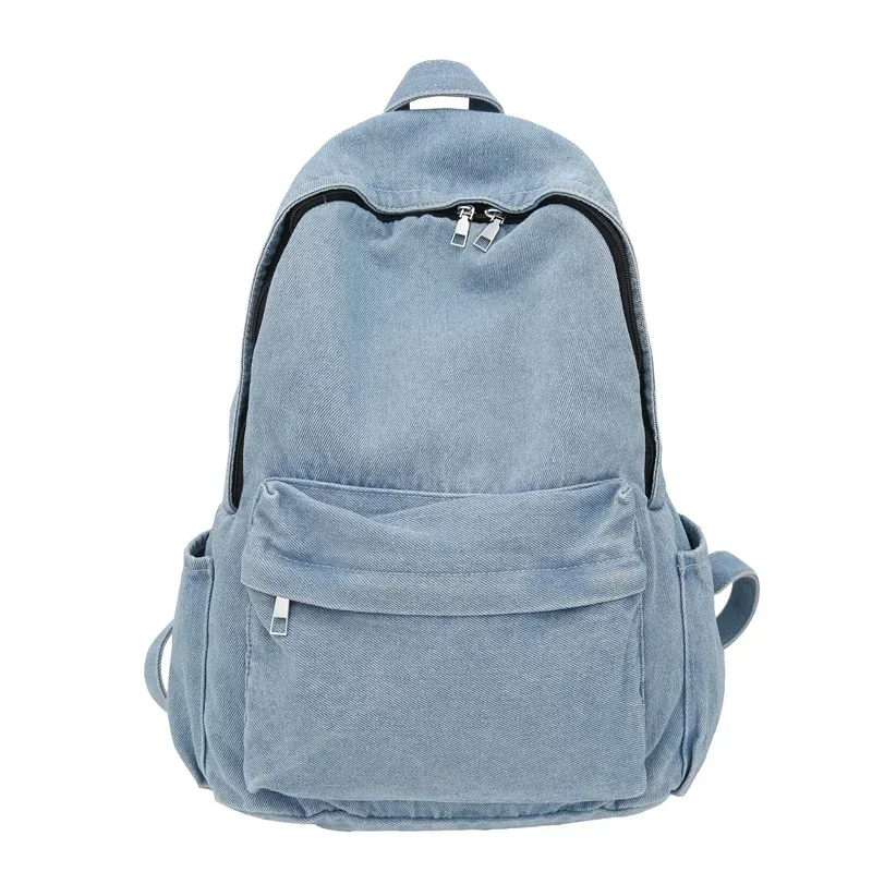 Mochila jeans de alta capacidade feminina, mochilas pendulares, bolsas com zíper, cor sólida simples, 2024