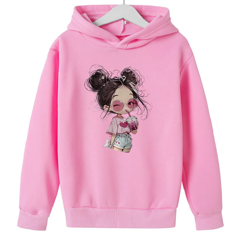 

New The Girl Drinking Milk Tea Print Cute Sweatshirts Girls GYM Lover Top Thick Clothes Kids Hooodie Sweater Tops Hoodies