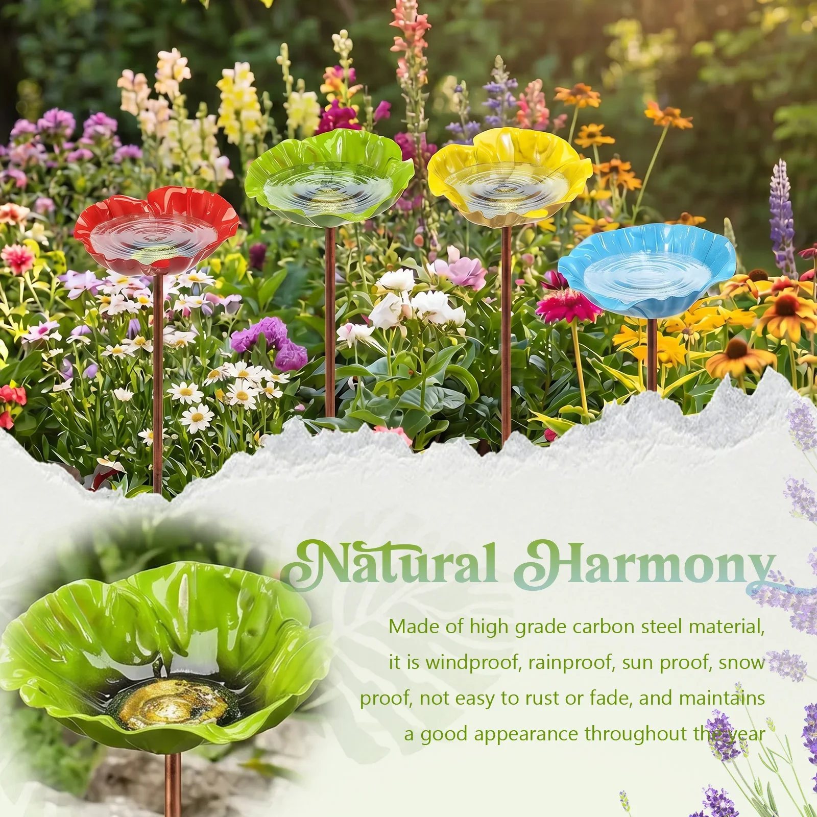 4Pcs Bee Watering Station Metal Flower Shaped Garden Stake Outside Bird Bath Bee Butterfly Water Feeder Bird Bath Bowls